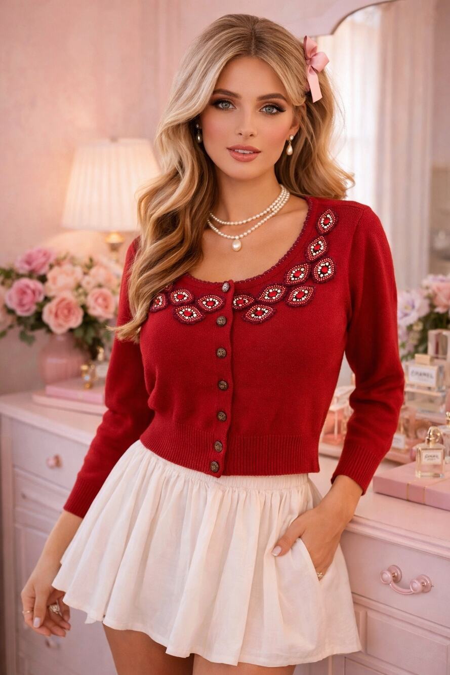 Knitted Dove Red Beaded Cardigan Sweater Womens L Cropped Preppy Coquette Boho
